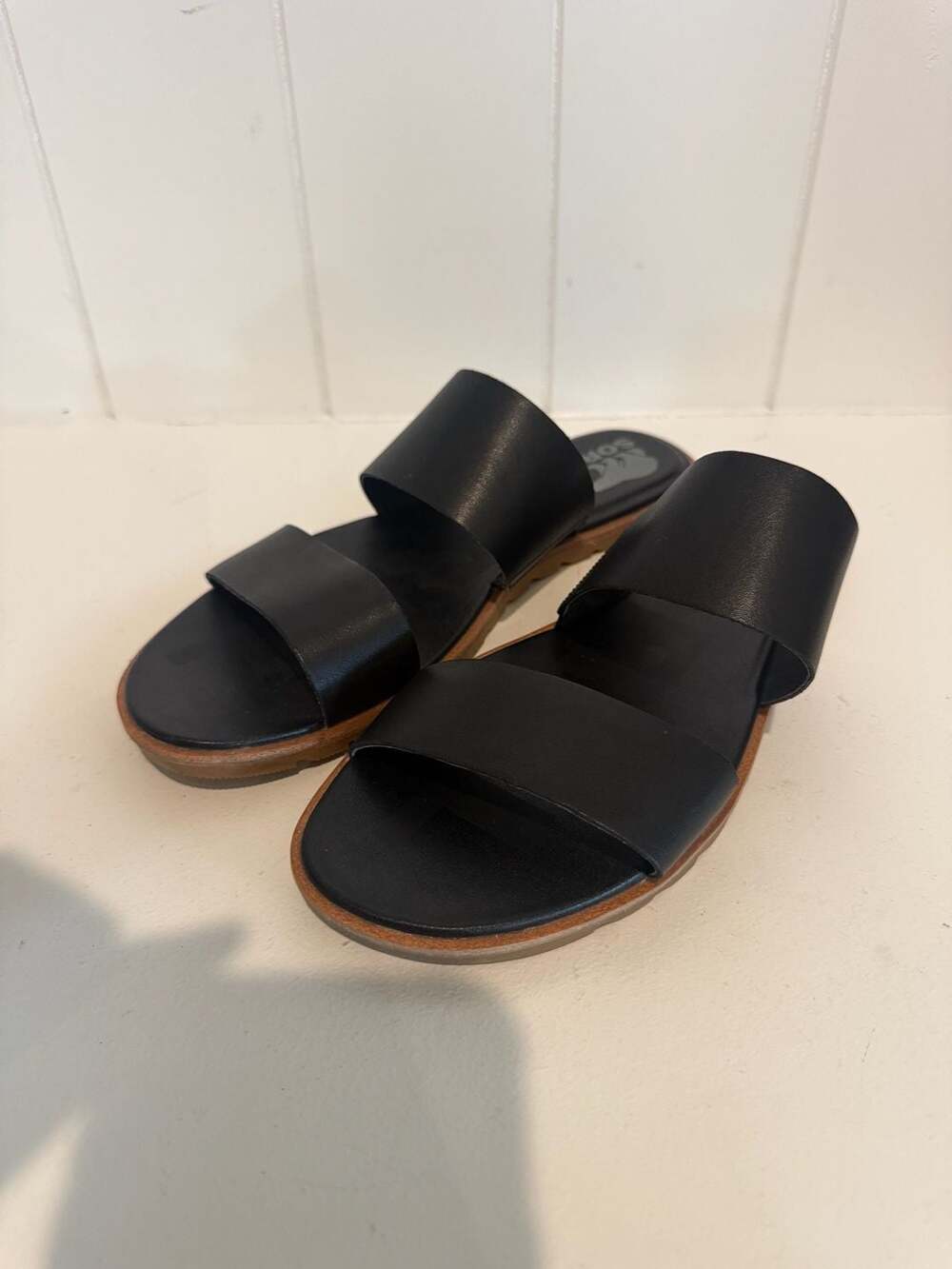 Sorel Women's Black Leather Kinetic Sandal Slide Shoes Size 9